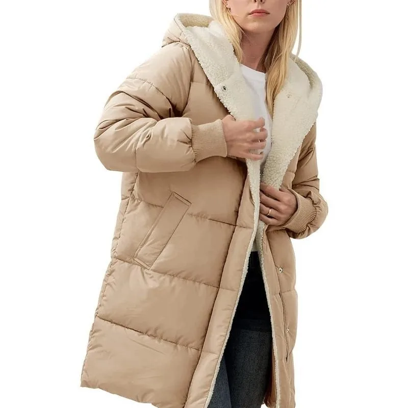Women's Clothing Solid Warm Fleece Hooded Cotton Coat Long Sleeves Double-sided Velvet Slim Fit Elegant Cardigan Outerwear Top