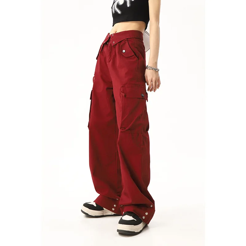 Autumn High Street Burgundy Workwear Pants With Niche Design Vibe Functional Pants For Women's Straight Casual Pants Ins