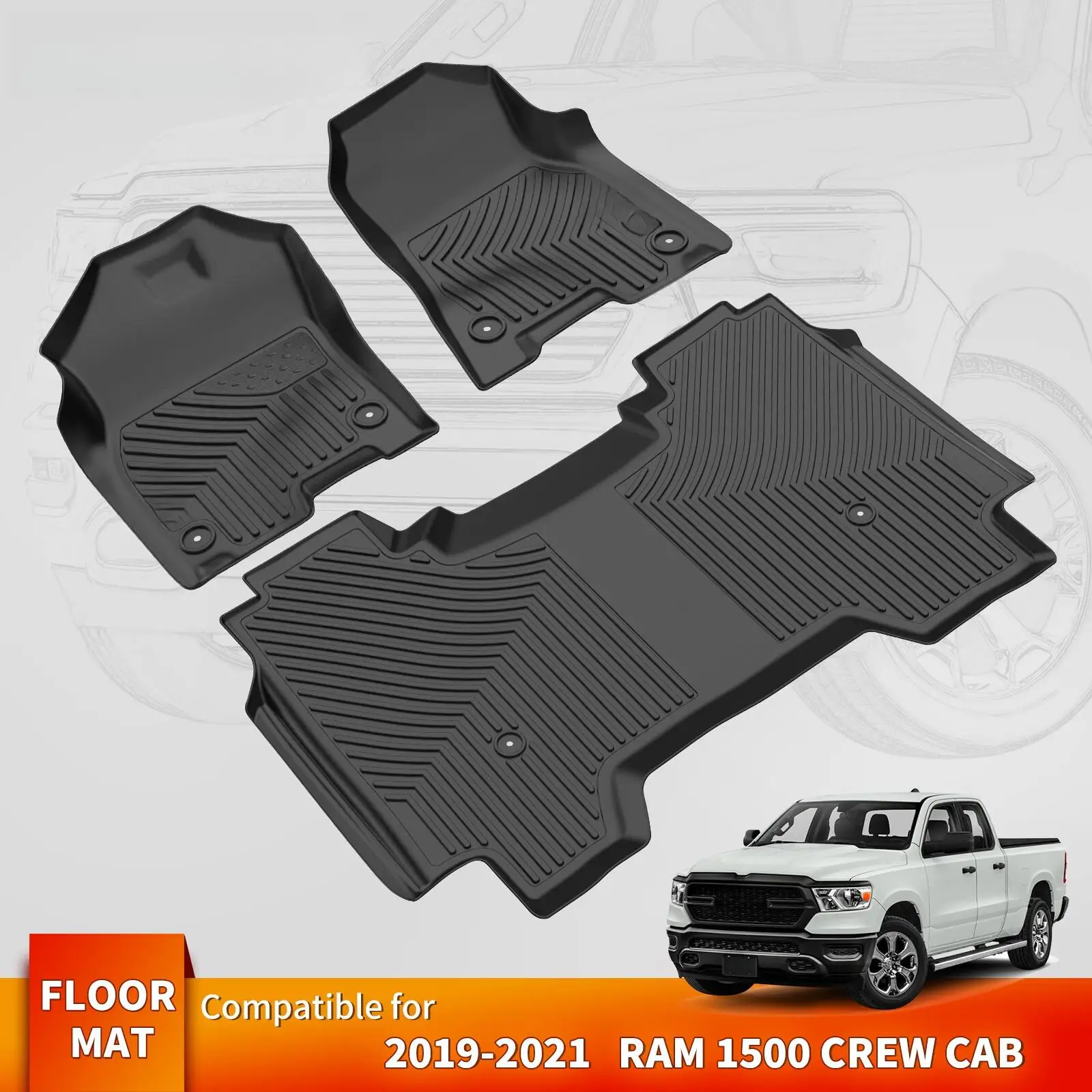 

Комплект напольных ковриков (2 ряда) для Dodge Ram 1500 Crew Cab 2019-2024, новый кузов, TPE