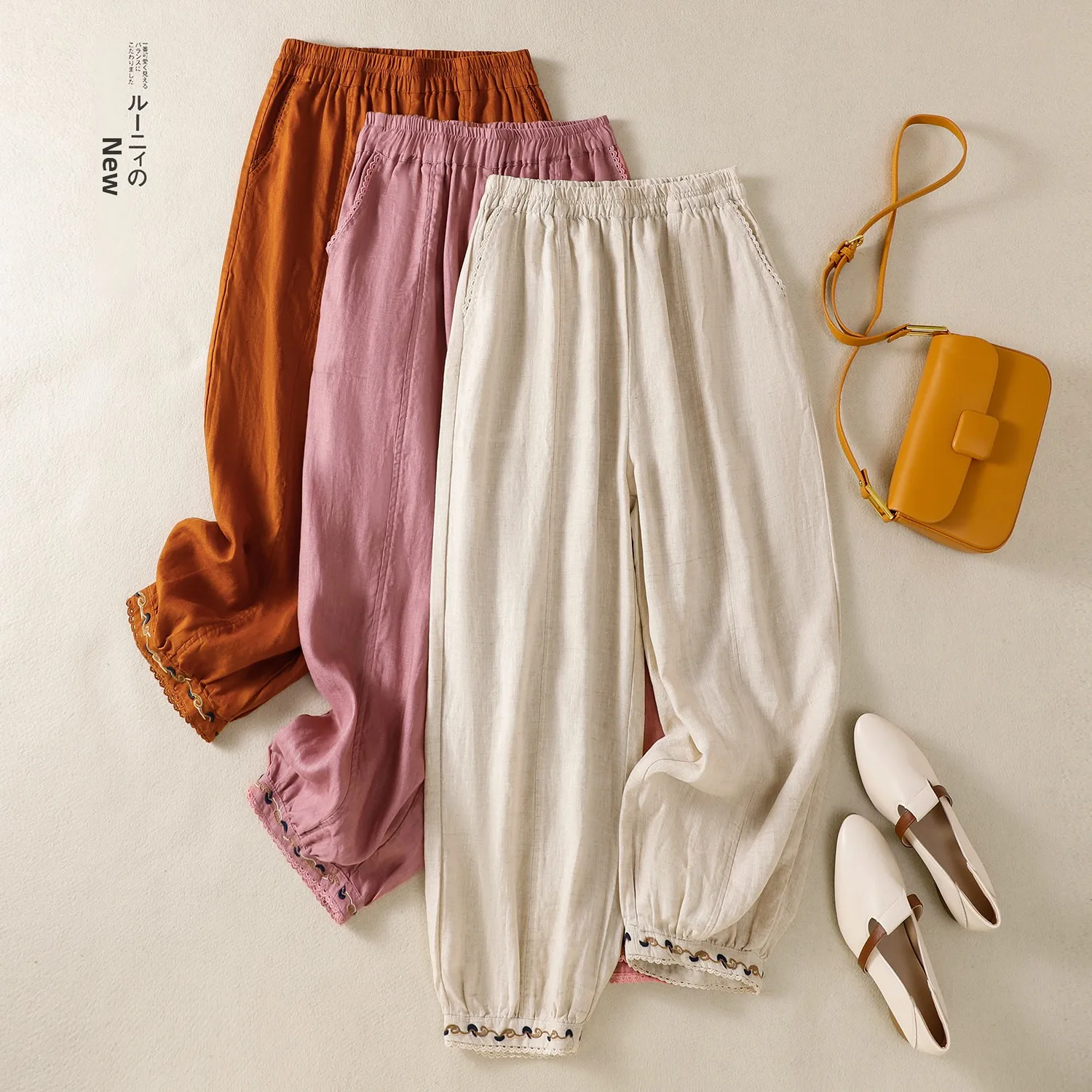

Retro Embroidered Thin New Sle Linen Harlan Loose Nine Points Slimming Cabbage Pants Casual Trousers Women's Summer Faion