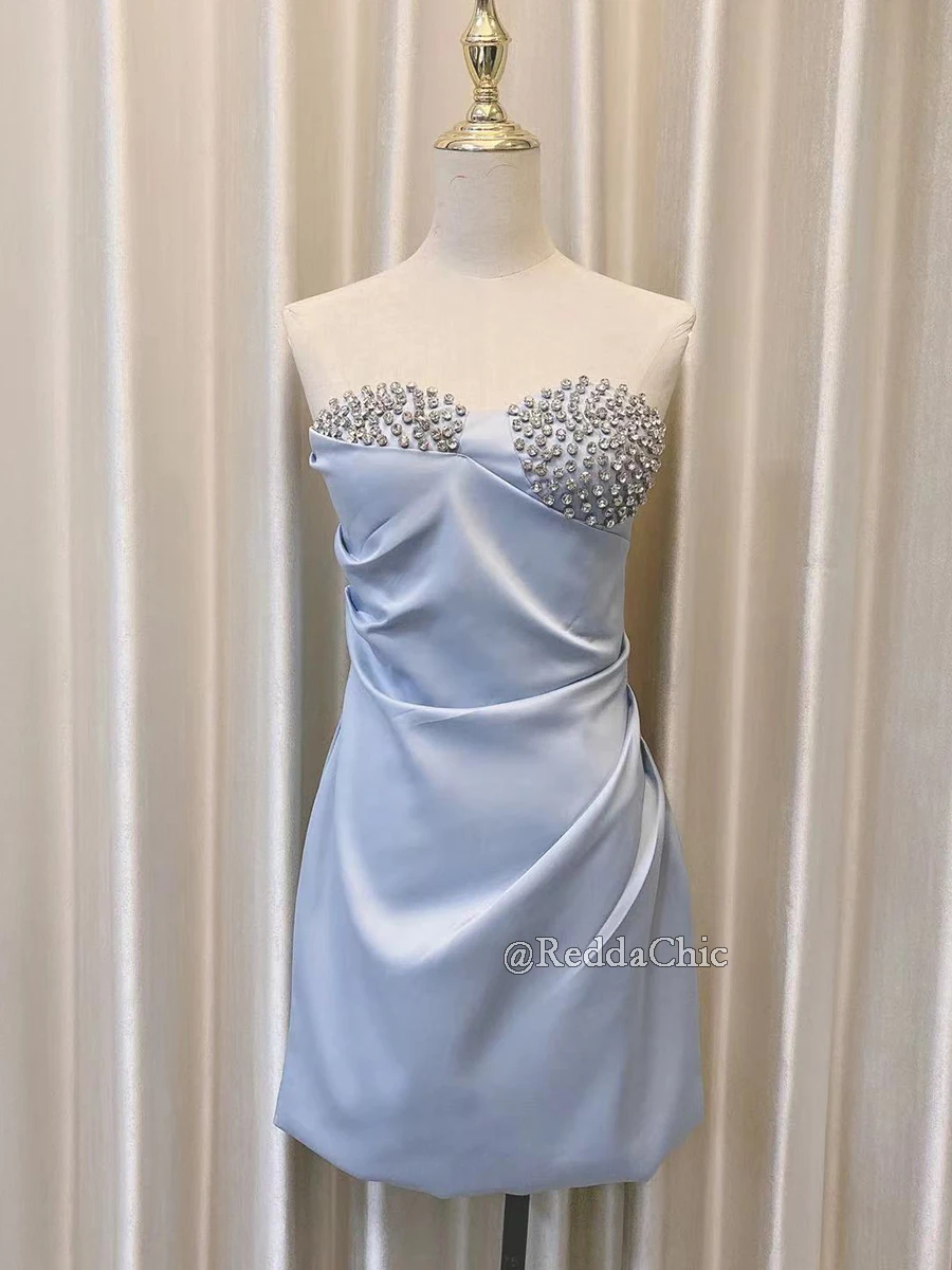 REDDACHiC-vestido de satén con adornos de diamantes para mujer, minivestido de tubo fruncido con corsé acolchado sin tirantes brillante, ropa Formal para fiesta de graduación