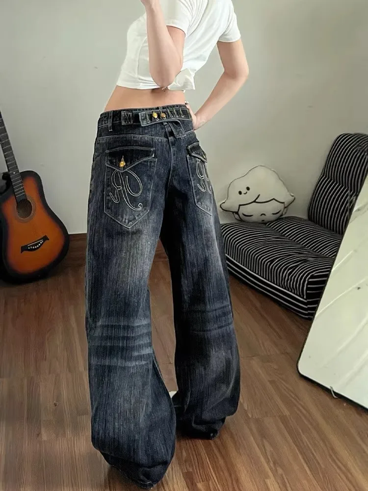 

plus Size American Retro Paris Button Design Black Wide Leg Jeans Women Loose Versatile High Waist Denim Pants Korean Style