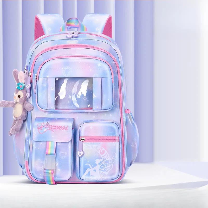 Colorful Transparent Layer Children Backpack School Commuting Leisure Girls High Capacity Curved Shoulder Strap Rainbow Mesh