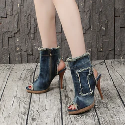 2023 designer shoes fashionable denim cool boots hollow high heel sandals in Europe and the waterproof shoes