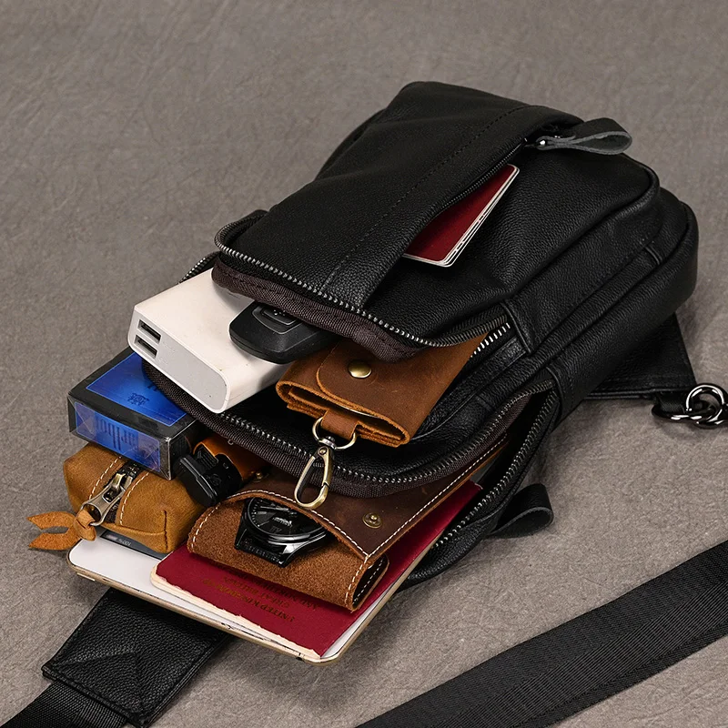 Borse pettorali di alta qualità per uomo in vera pelle nera iPad Mini petto Pack maschio Casual sportivo antifurto borse a tracolla Slim Bag