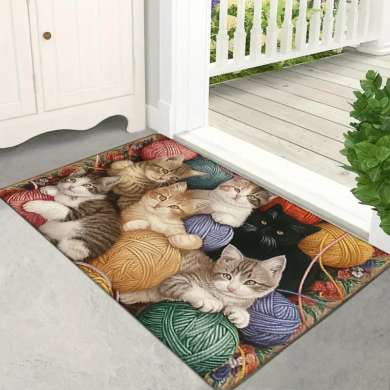 1 قطعة حصيرة أرضية متماسكة من القطيفة مقاس 0.47 بوصة سميكة للغاية مع تصميم كرة كاليكو تابي وكرة غزل - حصيرة غير قابلة للانزلاق قابلة للغسل في الغسالة