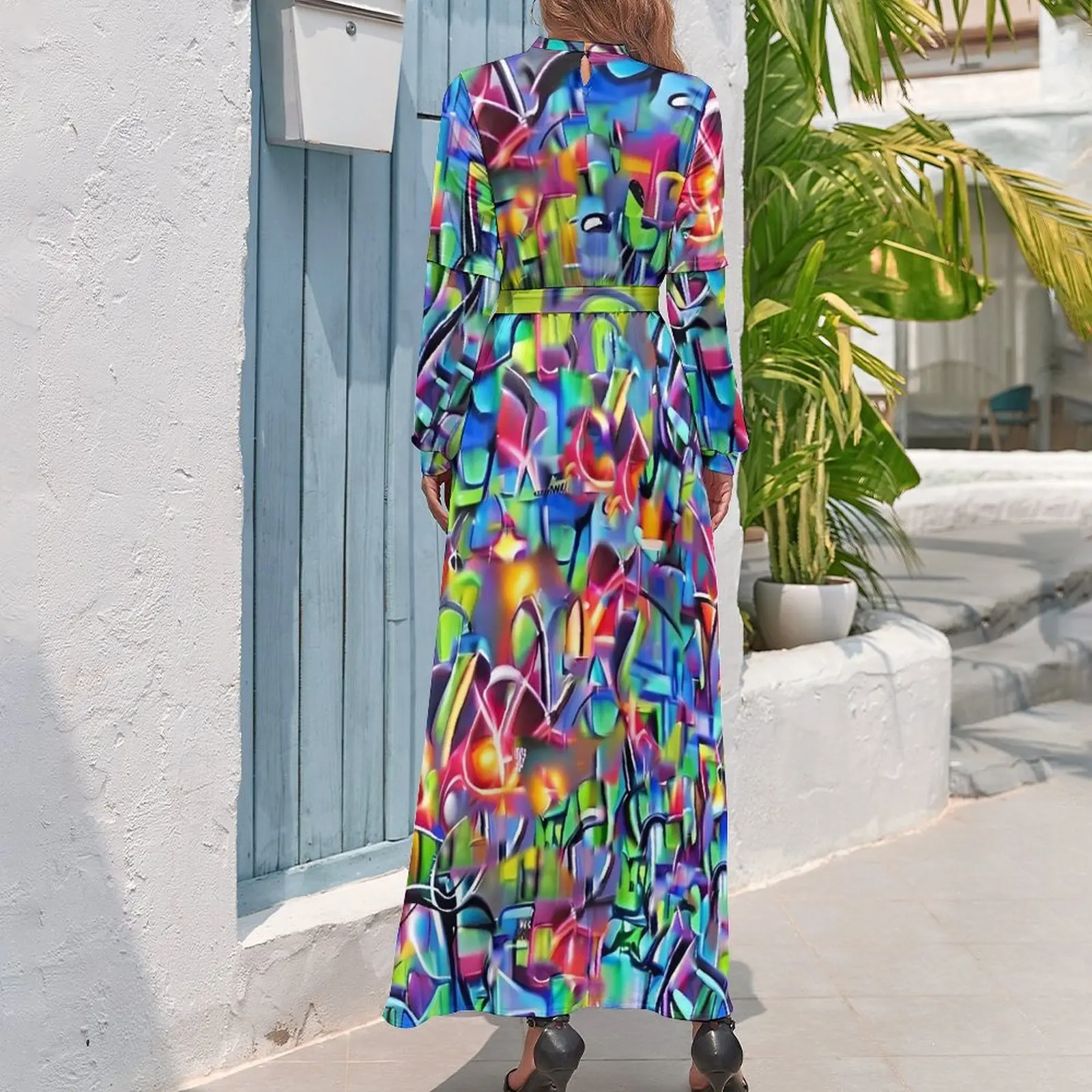 Graffiti Chaos Dress Colorful Print Party Maxi Dress Streetwear Boho Beach Long Dresses High Neck Custom Clothing