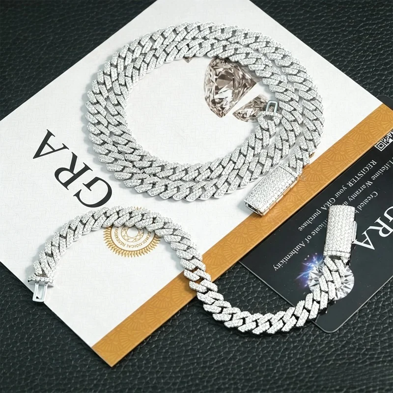 Moissanite 8mm GRA D VVS1 S925 Sterling Silver Double Row Cuban Chain Necklace Hip Hop Street Daily Jewelry for Men And Women
