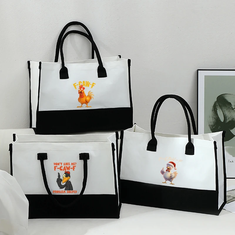 

2026 New F-CAW-F Chicken Harajuku Animal Women Men Handbag Large Black-and-white Color-blocked Tote Bag Party Gift New Year Gift