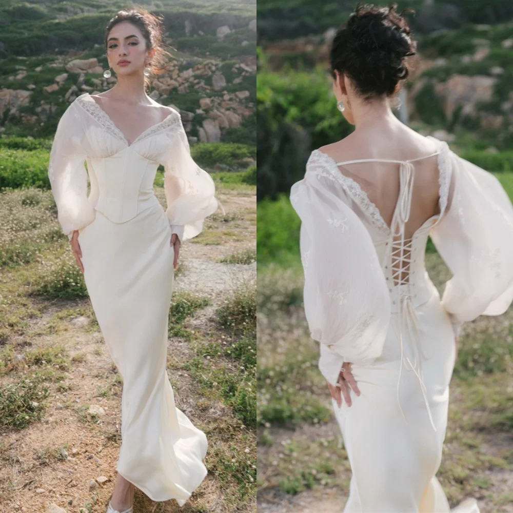 

Customized Classic White Chiffon Evening Dress Modern V-Neck Puff Sleeves Long Sleeves Lace Up Back Mermaid Homecoming Dress
