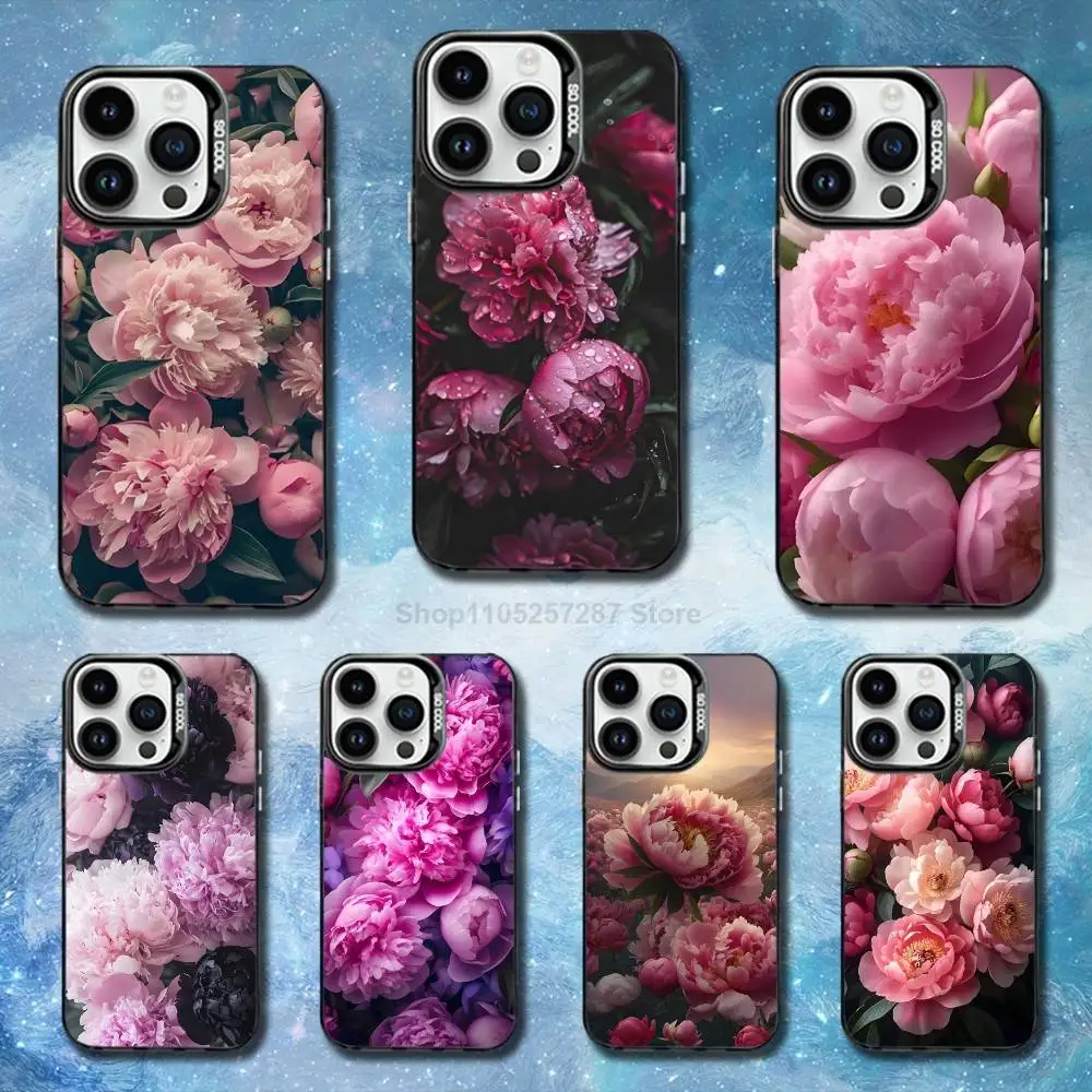 

Elegant Art Pink Purple Peony Phone Case For iPhone SE,13,XS,14,17,15,Mini,Pro,MAX,12,11,16,Black Matte Silicone Cover