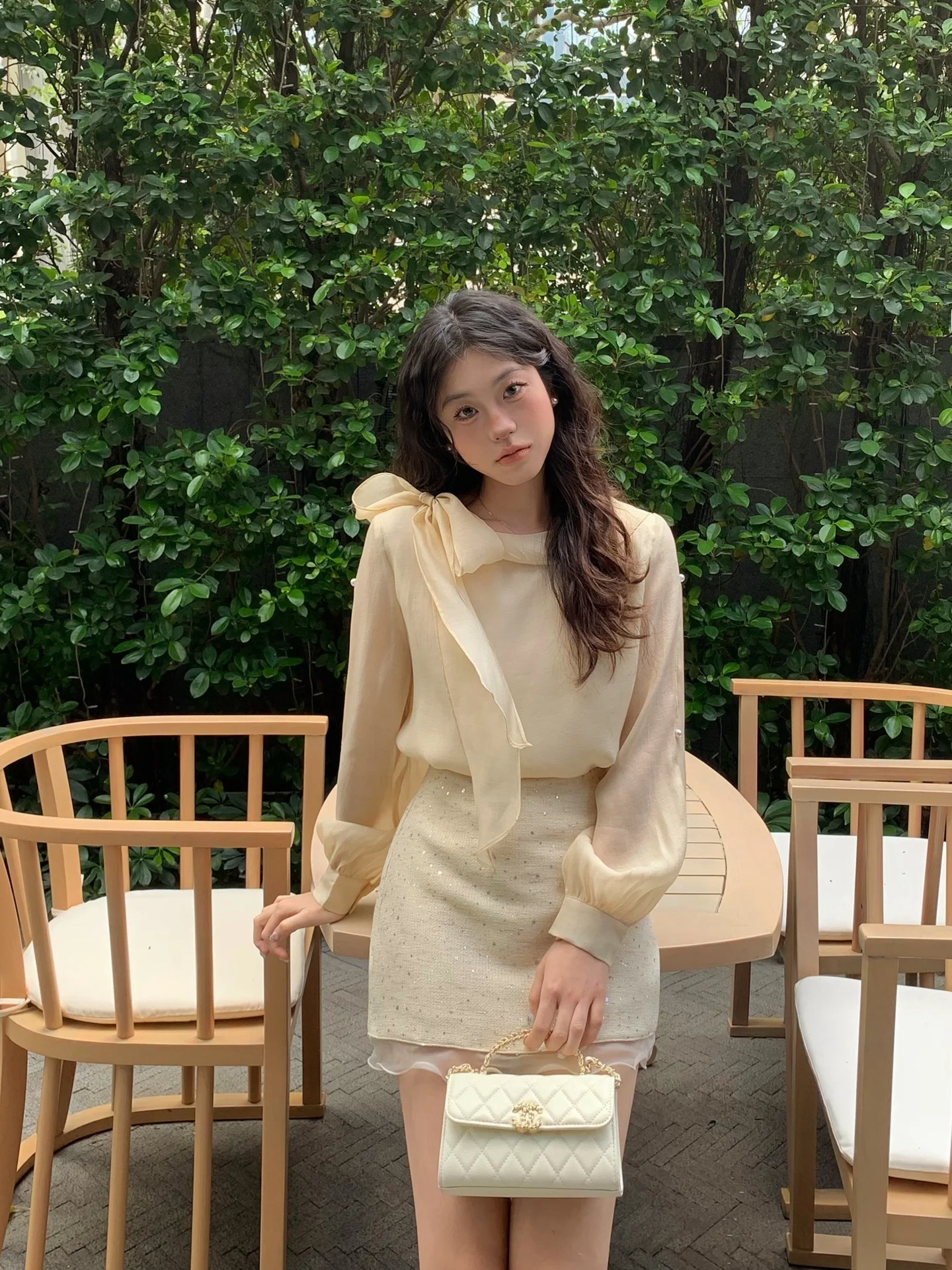 

Moby Silk Blend Long Sleeve Shirt Women's Hollow out Lantern Sleeve Button down Shirt French Style Straight Cut Spring Fashion