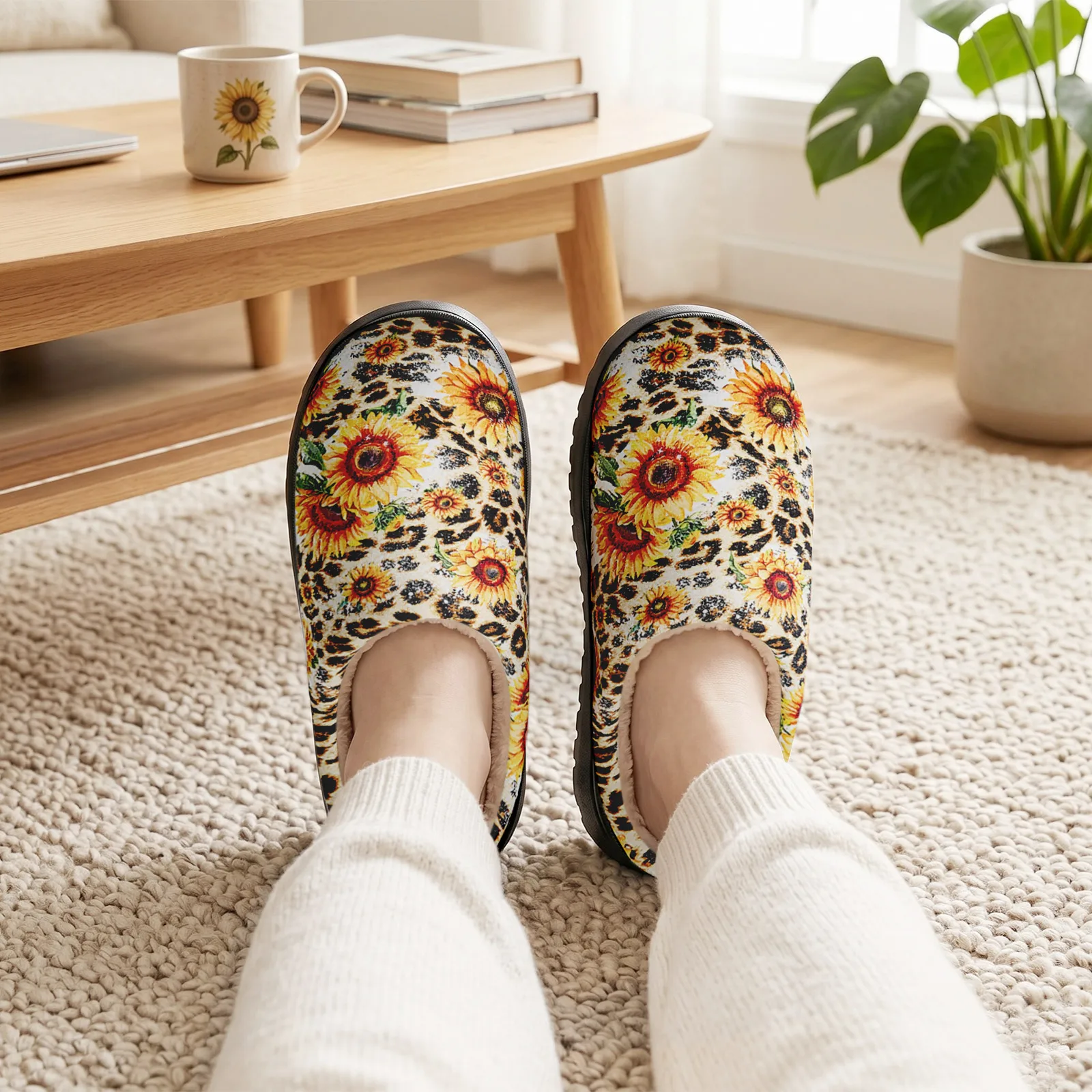 Women's Fuzzy House Slippers Memory Foam Leopard Print Sunflower Warm Cozy Indoor Outdoor Slip On Non Slip Bedroom Shoes for Wom