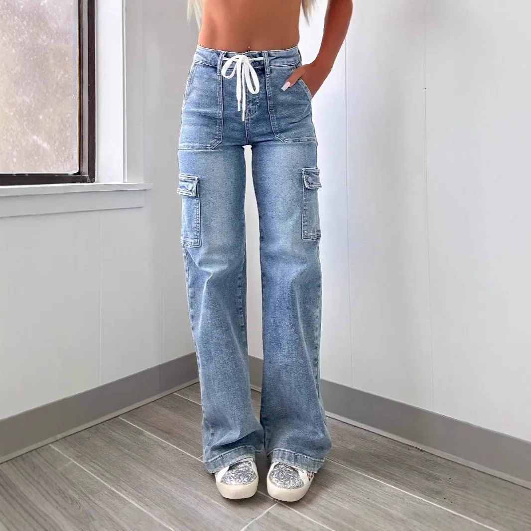 Denim Cargo Pants Women Jeans Streetwear Straight Trousers Floor Length High Waist Multiple Pockets Lace Up Distressed 2026