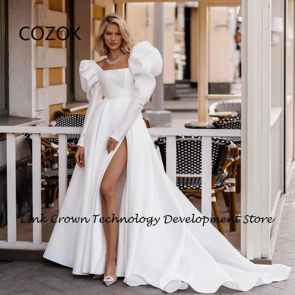 

COZOK Side Slit Wedding Dresses for Women Satin Puffy Full Sleeve Bridal Gowns Square Collar Bridal Gowns 2024 Vestidos De Novia