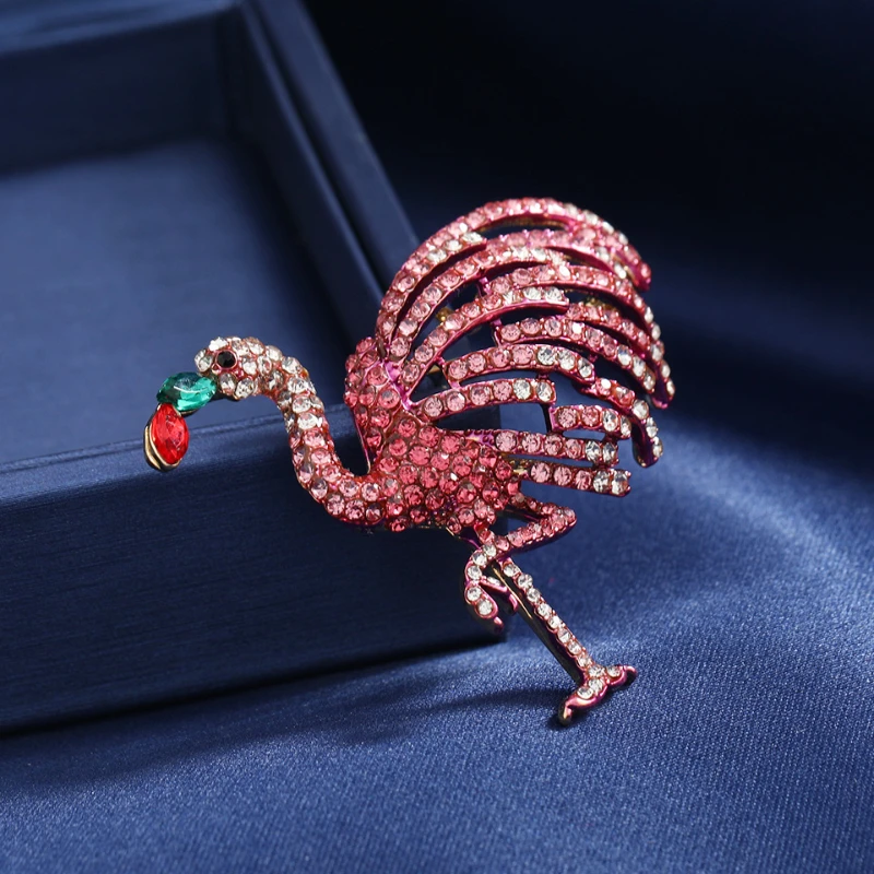 Vintage Fuchsia Flamingo Woman's Brooch Pin Zircon Crystal Festival Gifts