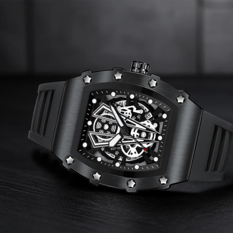 1pcs Men's Black Tape Sports Style Versatile Calendar Inverted Triangle Wine Bucket Quartz Watch