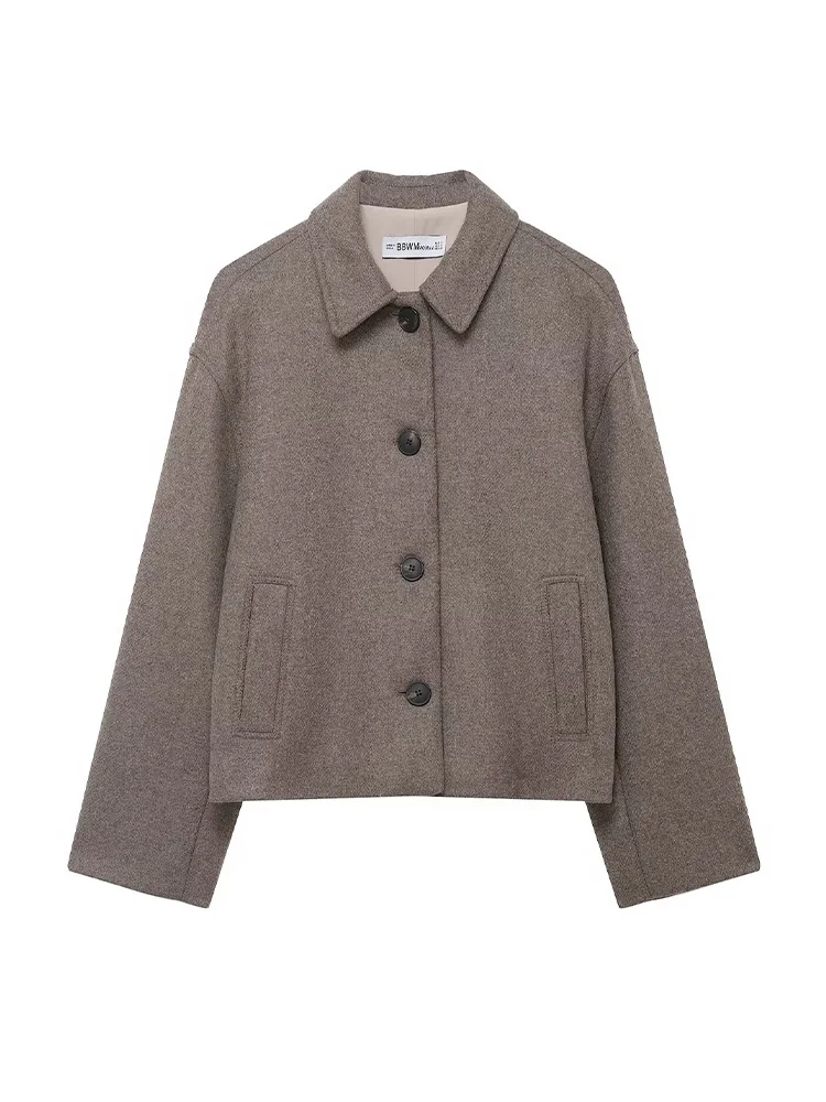 HH Women Elegant Turn-down Collar Single-Breasted Pockets Solid Coat Female Autumn Casual Woolen Long Sleeve Short Jacket Mujer