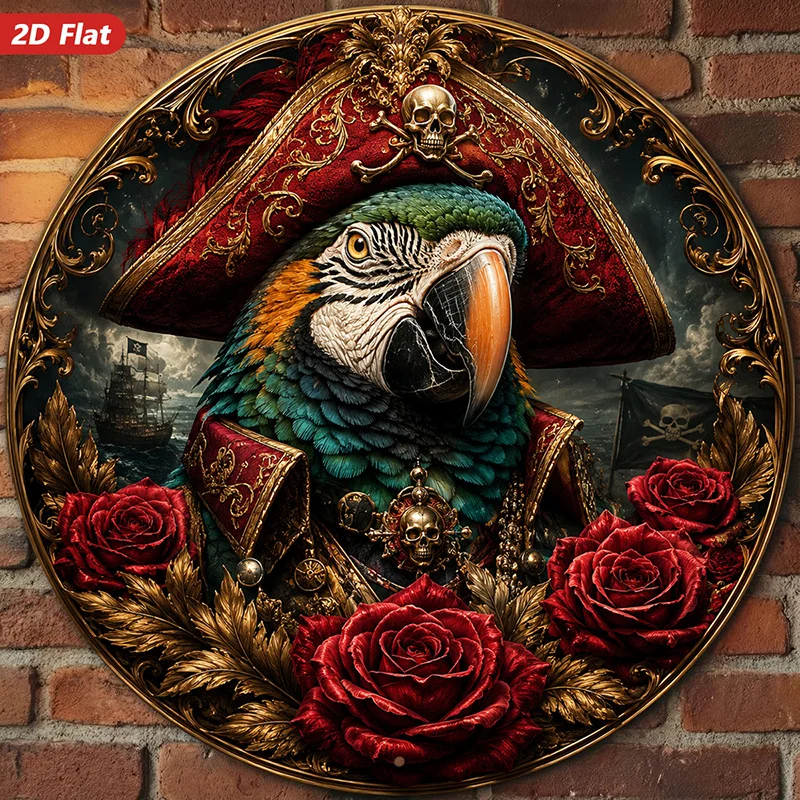 CIFBUY Gothic Pirate Parrot Round Aluminum Wall Art Waterproof Durable Home Decor For Study Garden Kitchen