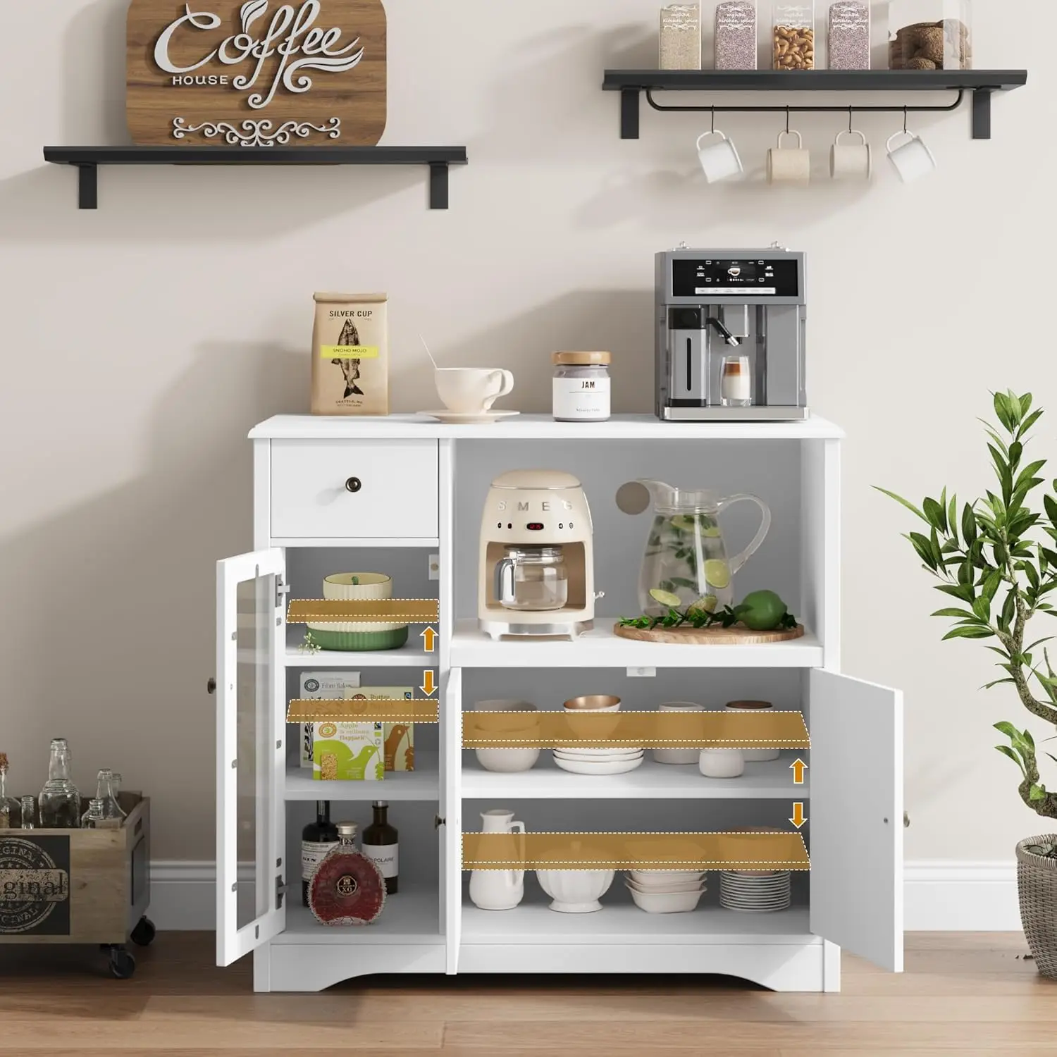 خزانة الميكروويف، خزانة تخزين المطبخ مع 3 أبواب ودرج واحد، خزانة جانبية للبوفيه مع أرفف قابلة للتعديل، ميكرووا