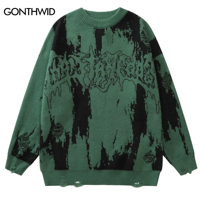 Hip Hip Ripped Sweaters Grunge Y2K Vintage Knitted Punk Gothic Streetwear Jumpers Sweater Men Women Harajuku Fashion Pullover