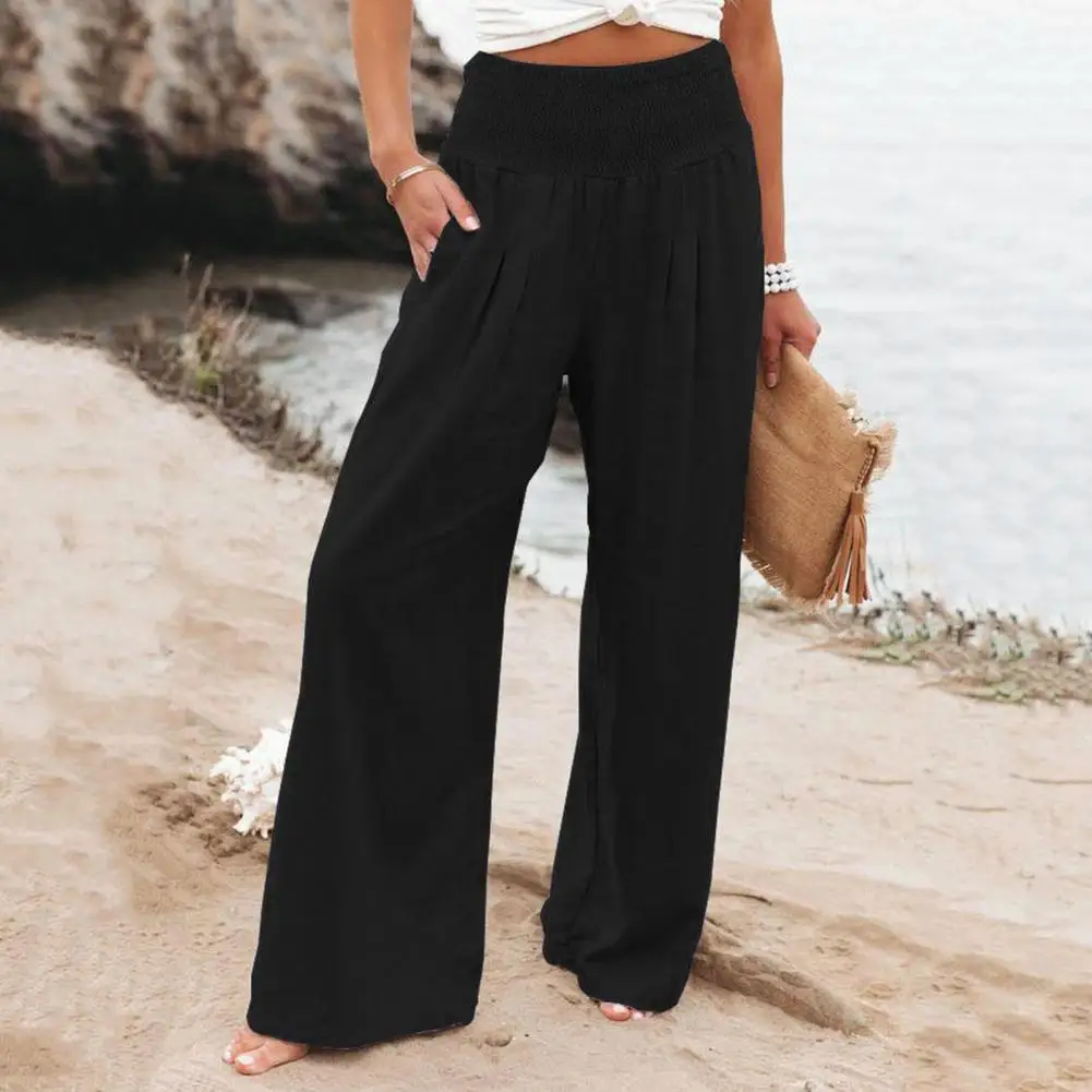 Women Pants Versatile Women's Wide Leg Pants with Elastic Waist Pockets for Casual Spring Summer Style Solid Color Wide Leg