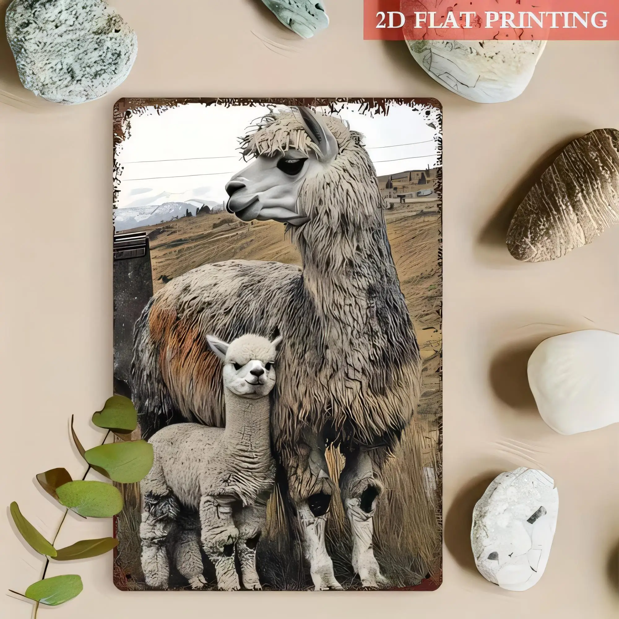 Tin Sign  Printing Llama Family Standing With Baby Alpaca Vintage Farm Animal Wall Decor Metal Poster Sign for Living Room Bedro