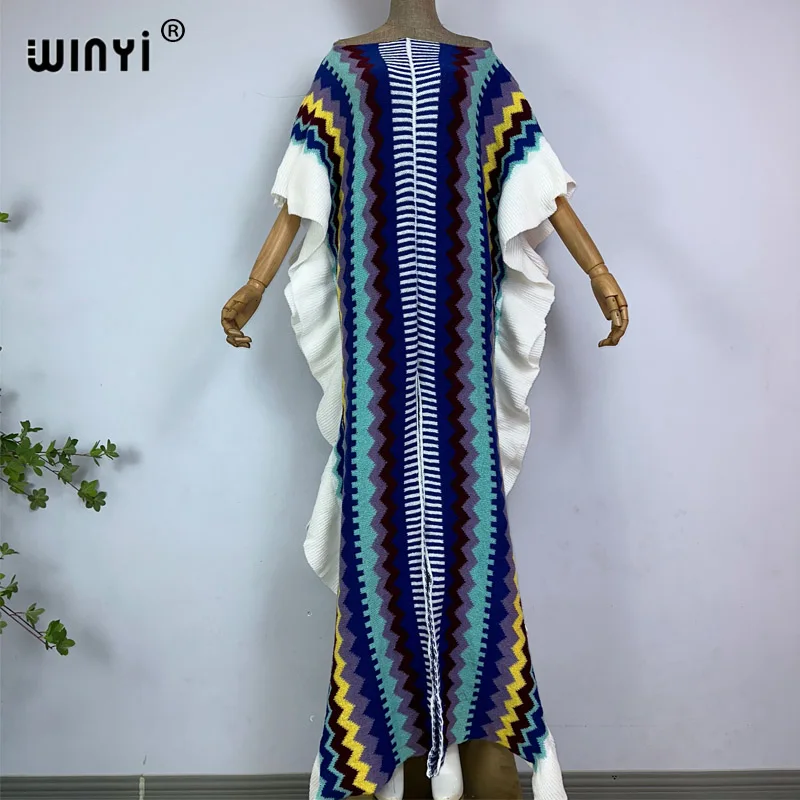 WINYI 2022 NEW knitting Rainbow printing Comfort Warm winter fashion Holiday dress elegante Africa Women Boho party long dress