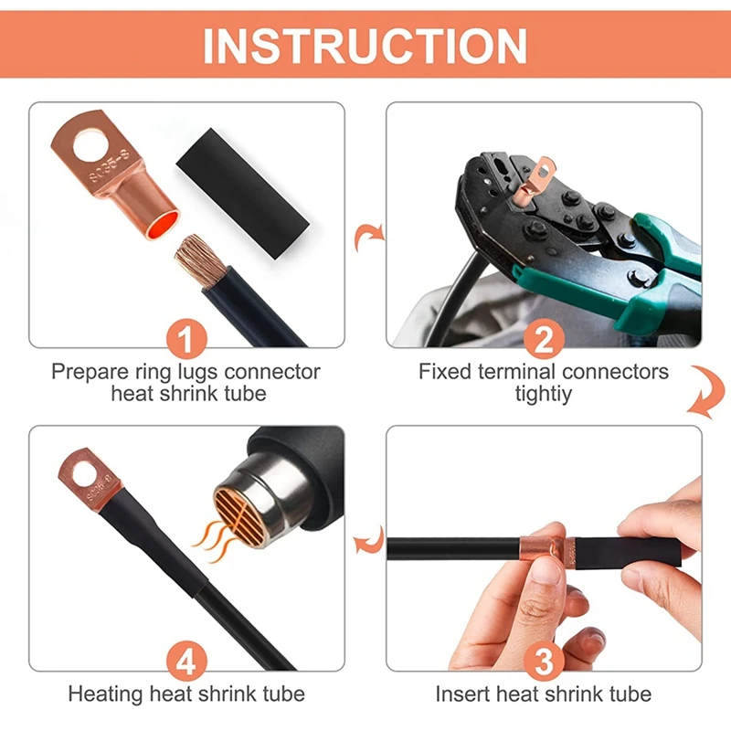 130PCS Copper Wire Lugs Wire Connectors Used On AWG12 10 8 6 4 2 Cable,Heat Shrink Set,Ring Terminals Connectors