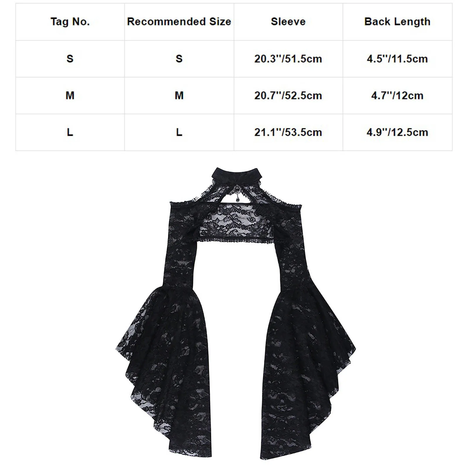 Vintage Gothic Lace T-shirt Women Flare Sleeve See Through Sexy Shrug Crop Tops for Halloween Theme Party Masquerade Performance