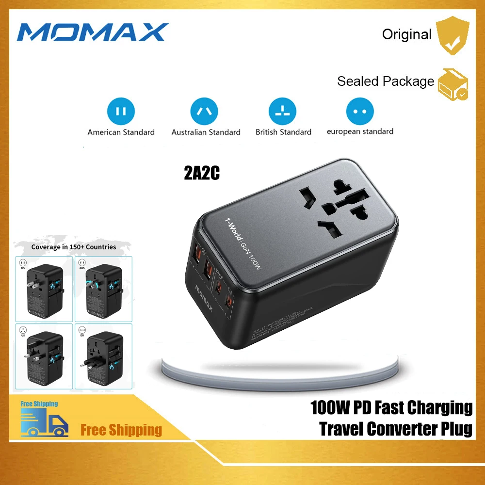 MOMAX 100W PD GaN Fast Charge Travel Converter Plug Global Power Converter Socket UK Standard European Standard US Standard