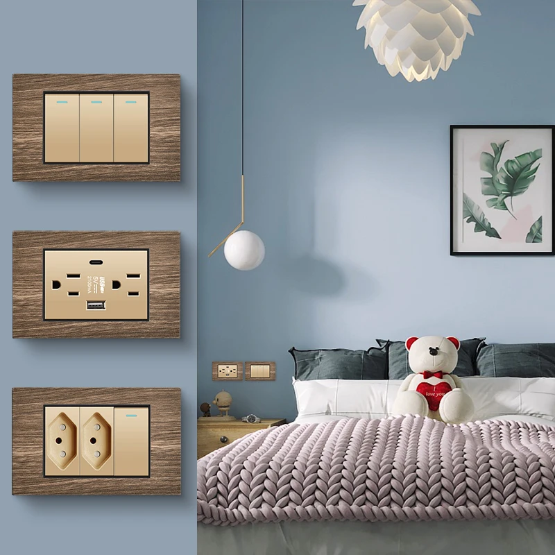 

PSSRISE Gold BR Standard Wall Switch Socket with 2.1A USB Type-c Charger Wood Grain Panel Light Switch Computer TV Power Outlet