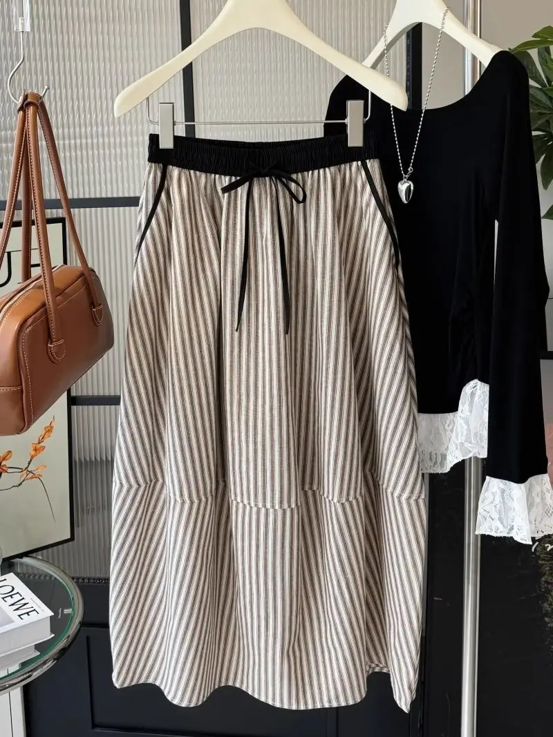 

Женская юбка миди больших размеров с высокой талией, А-силуэт, свободный крой, в полоску, с дизайном в стиле брюк-шароваров, повседневная летняя длинная юбка для полных женщин