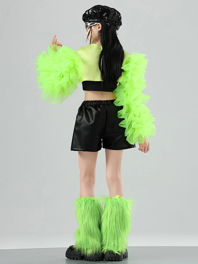 أطفال الهيب هوب ملابس الرقص الحفل مرحلة الأداء ارتداء الفتيات ملابس رقص الجاز الأخضر نفخة الأكمام الترتر القمم السراويل دعوى