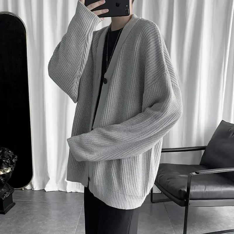Man Clothes Black V Neck Cardigan Knitted Sweaters for Men Y2k Streetwear Spring Autumn Ugly Plus Size 90s Vintage Wool Fun Tops