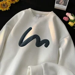 Korean Men Sweatshirt Comfortable Waffle Fabric Crew Neck Sweatshirts Wave Print Casual Loose Sports Pullovers Streetwear Hoodie