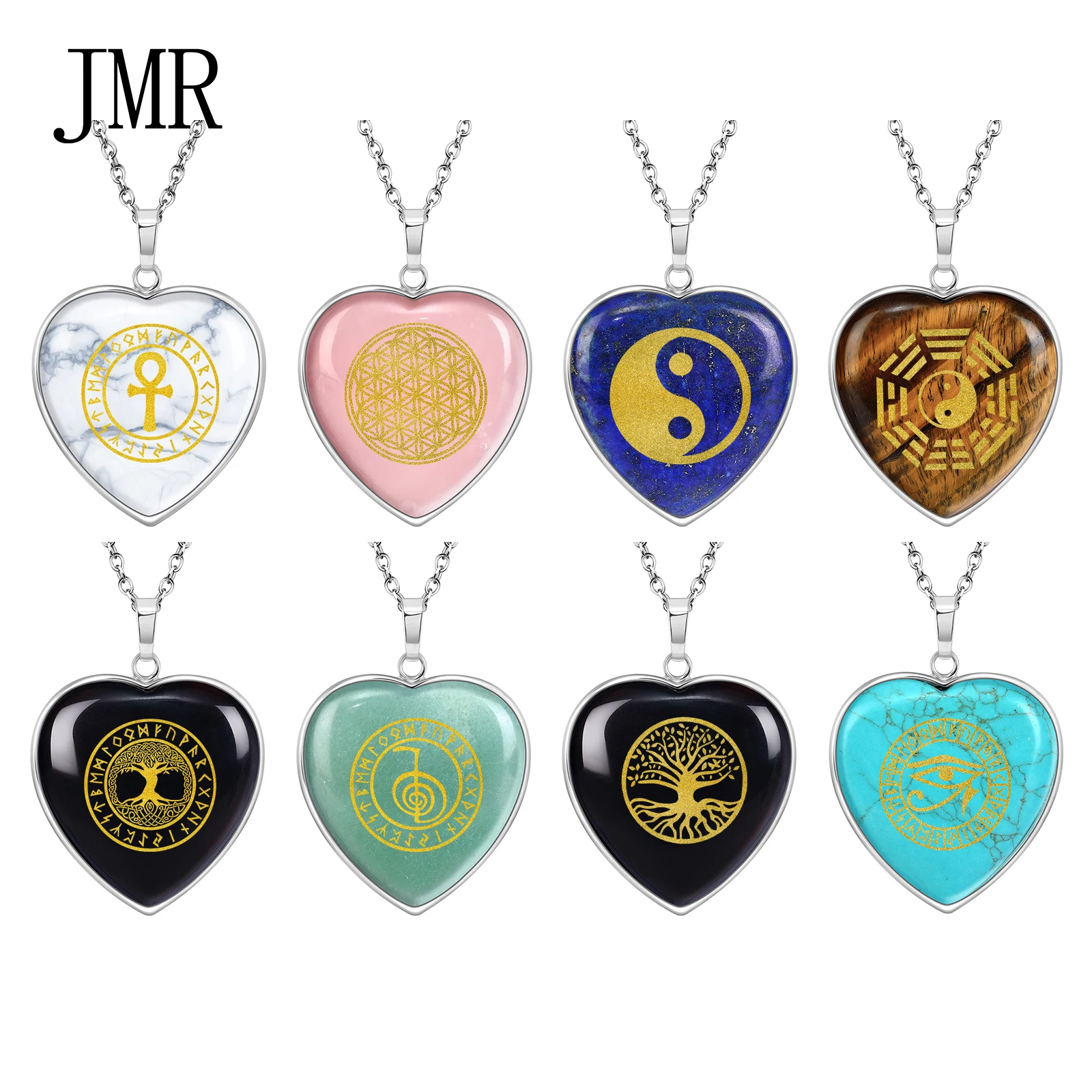 

Yin Yang Bagua Necklace Horus Eye Cross Flower of Life Pendant Natural Crystal Stone Spiritual Symbol Tree of Life Tree Sun Moon