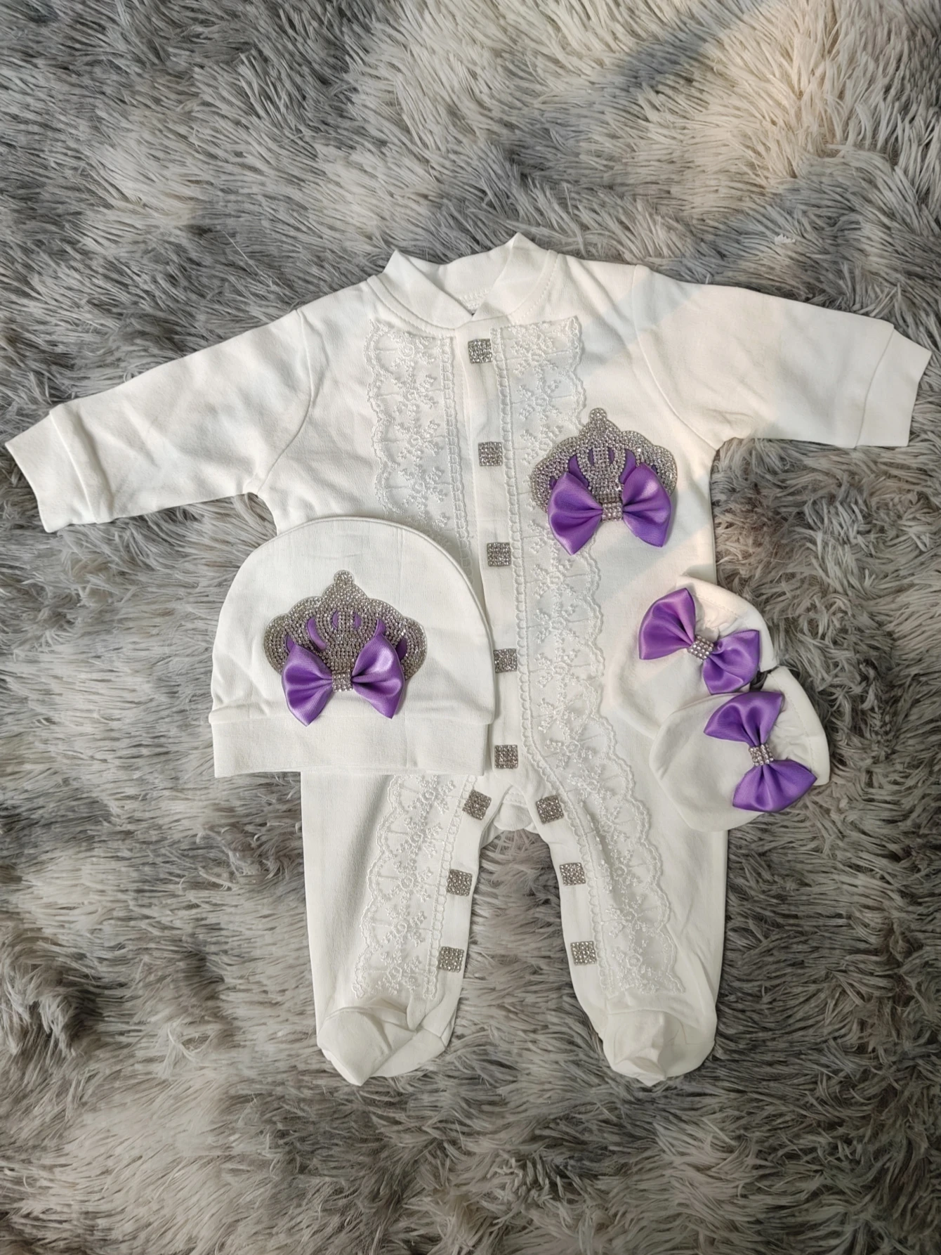 Dollbling Purple & Silver Crown 3-Piece Set For 0-3-Month Baby Customizable Name Bodysuit Pajamas Layette