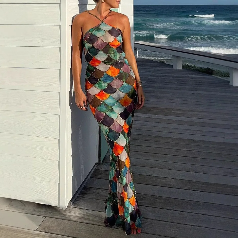 

Women's Dress Printing Sleeveless Neck Color Matching Dress Fashion Temperament Elegant Sexy Style