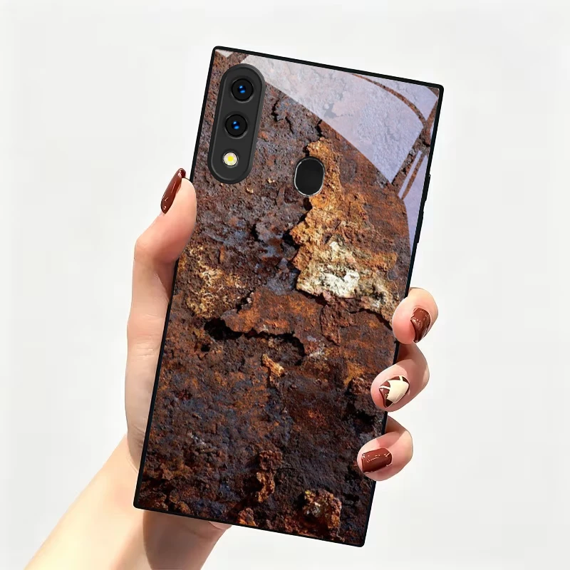 Weathered Rust Surface Black Glass Phone Case For Samsung A30 A31 A32 A33 A34 A35 42 20 A25 A26 A51 A56 A54 A72 A73 A70 Cover