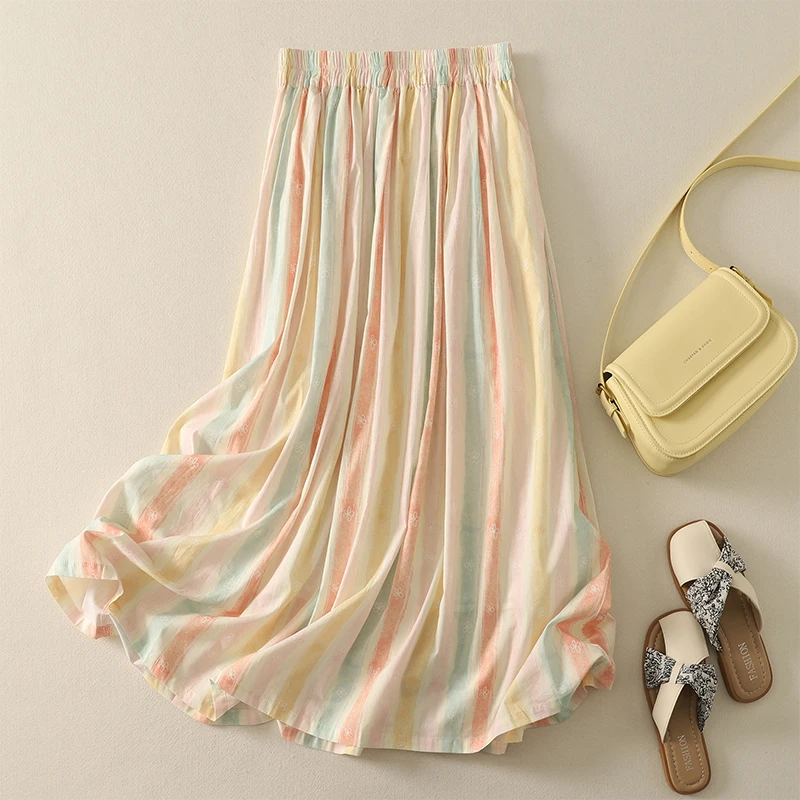 

Юбка-миди в радужную полоску, летняя лесная система, льняной принт, универсальная длинная юбка, юбка-зонтик с эластичной резинкой на талии, широкий подол для похудения