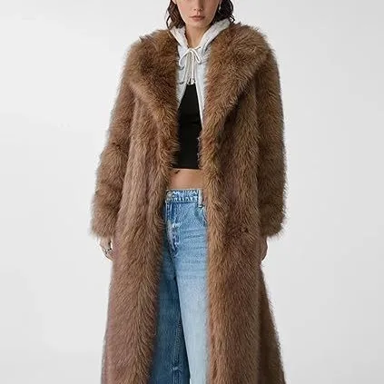 Solid Soft Shaggy Faux Fur Long Coat Lapel Loose Thick Warm Outerwear Elegant Fashion Medium Long Styles Plush Overcoat 2026 New