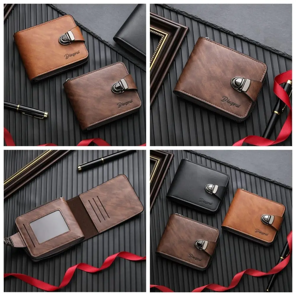 

Card Bag Zipper Men's Wallet Solid Color Buckle Business Wallet Short Foldable Leather Coin Purse Daily