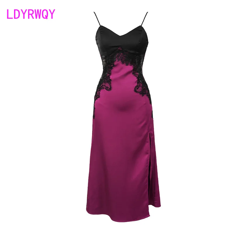 French Vintage Satin Temperament Long Dress Sexy Wrapped Chest Purple Shown White Strap Dress