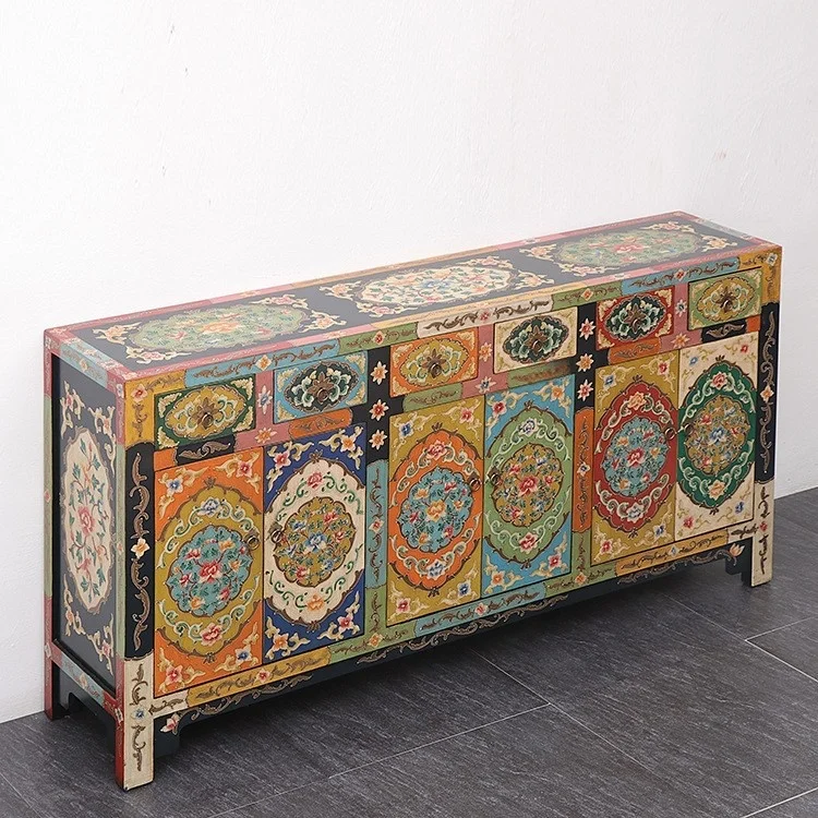 #a Antique Tibetan Hand-Painted Solid Wood Eco-Friendly Durable Multifunction Storage Cabinet