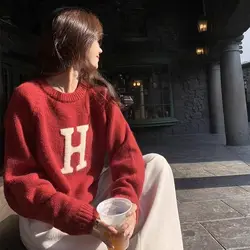 Jacquard letter sweater for women in autumn and winter, lazy college style, soft and loose and slim pullover, round neck knitted