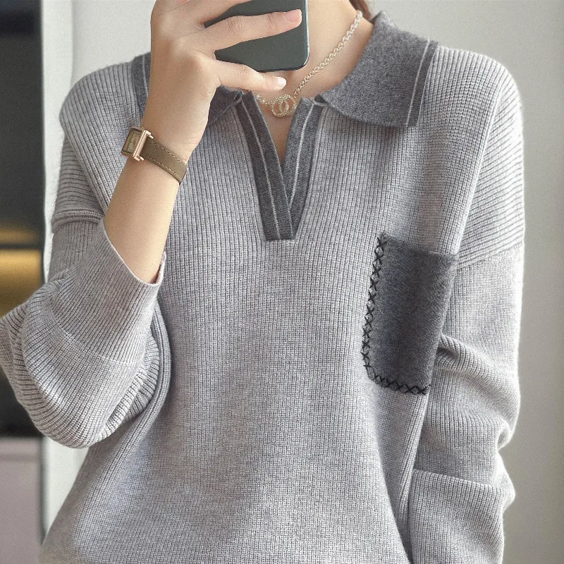 New Autumn And Winter College Style POLO Collar Wool Women\'s Loose Lazy Wind Age-Reducing Sweater Knitted Bottoming Shirt