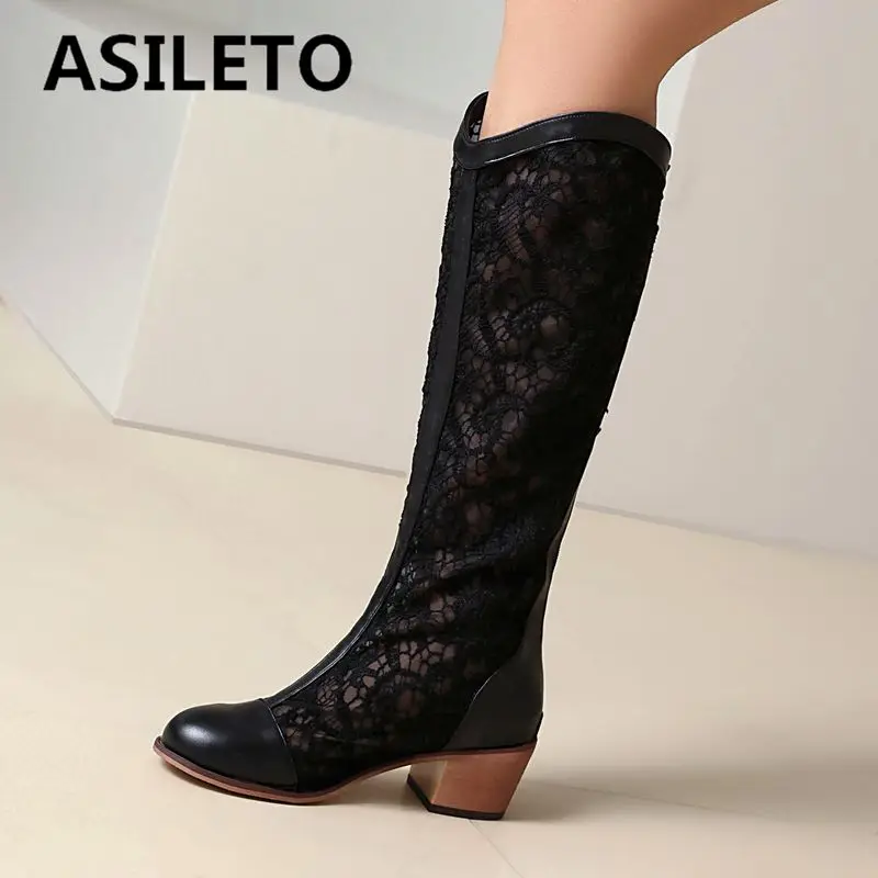 

ASILETO 2025 Fashion Summer Boots Round Toe Block Heels 4.8cm Zipper Breathable Mesh Plus Size 45 46 47 Casual Knee High Bota