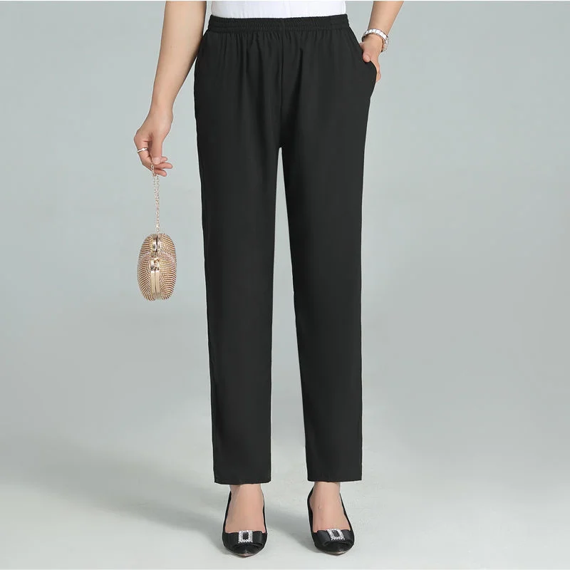 Casual Thin Pants Middle-Aged Elderly Women Trousers 2024 Summer Autumn Loose Solid Straight High Waist Pants