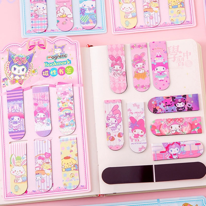 6 Stuks Sanrio Magnetische Bladwijzer Cartoon Kuromi Melodie Pagina Marker School Kantoorbenodigdheden Verjaardagscadeau